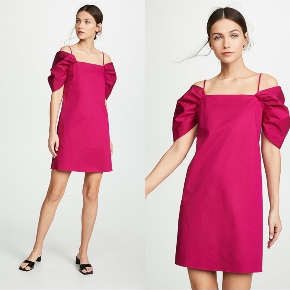 Theory Draped Puff Sleeve Shift Mini Dress Fushia